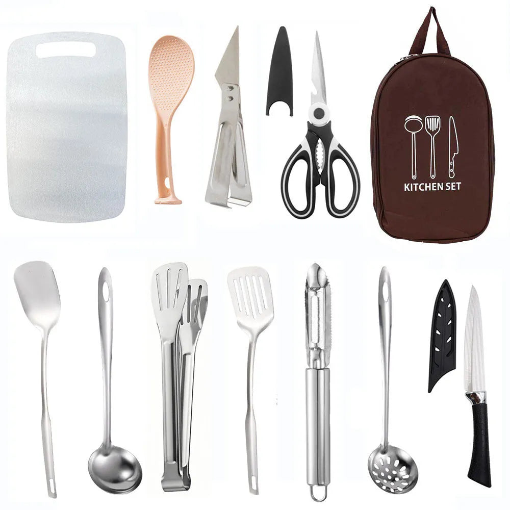 Khaki portable storage bag containing a 12-piece stainless steel picnic cutlery set.