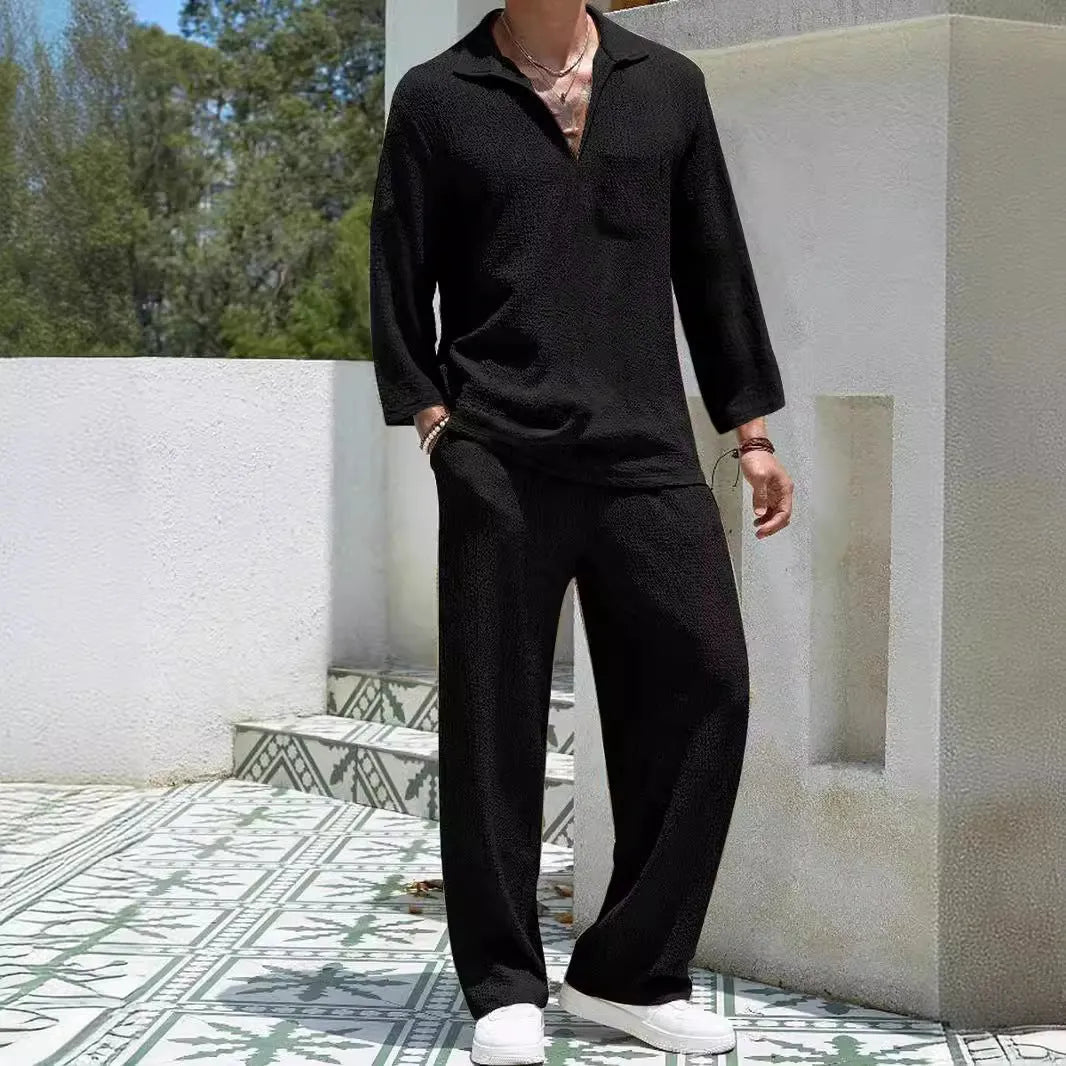 Men's casual shirt and trouser suit in polyester, shown in lake blue, for commuting and leisure wear.