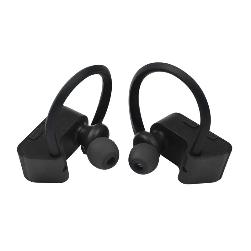 Black wireless Bluetooth earphones with ergonomic in-ear design showing onboard control buttons