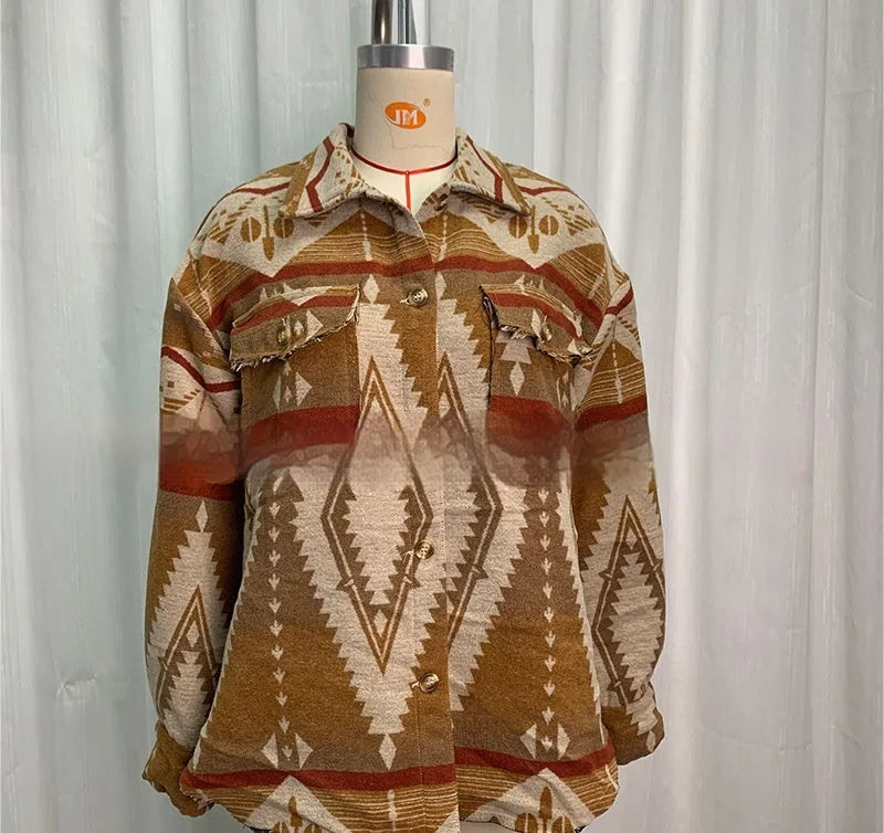 Women's retro Aztec print woolen jacket in loose fit design with long sleeves