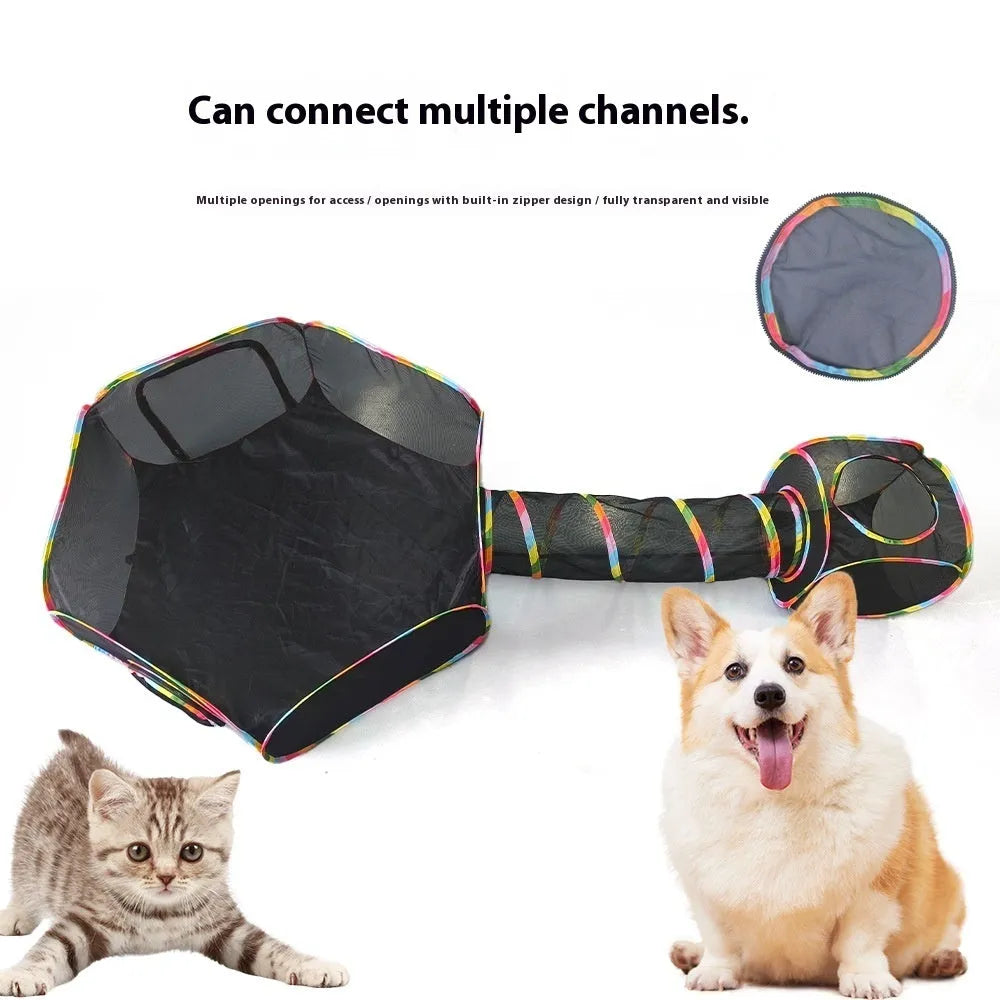 Foldable mesh cat playpen in hexagonal style showing mesh construction and foldable design