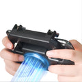 Black USB mobile game controller for smartphones with aluminium alloy accents and action buttons.