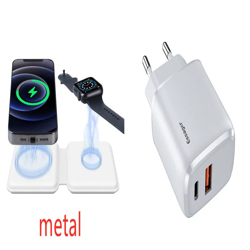 White magnetic wireless charging dock in folded position showing dual charging surfaces and Type-C port