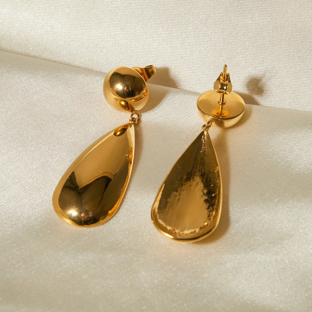 Gold stainless steel water drop pendant earrings with geometric hemisphere design