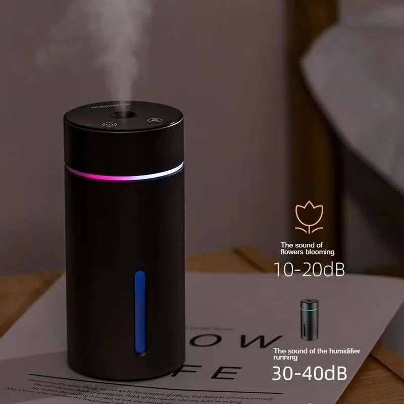Black aluminium alloy car air humidifier with 260ml capacity and USB cable shown next to scale