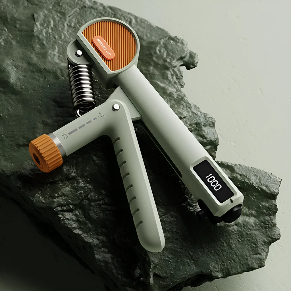 Adjustable spring hand grip exerciser in ABS plastic, shown in multiple colour options on a neutral background.