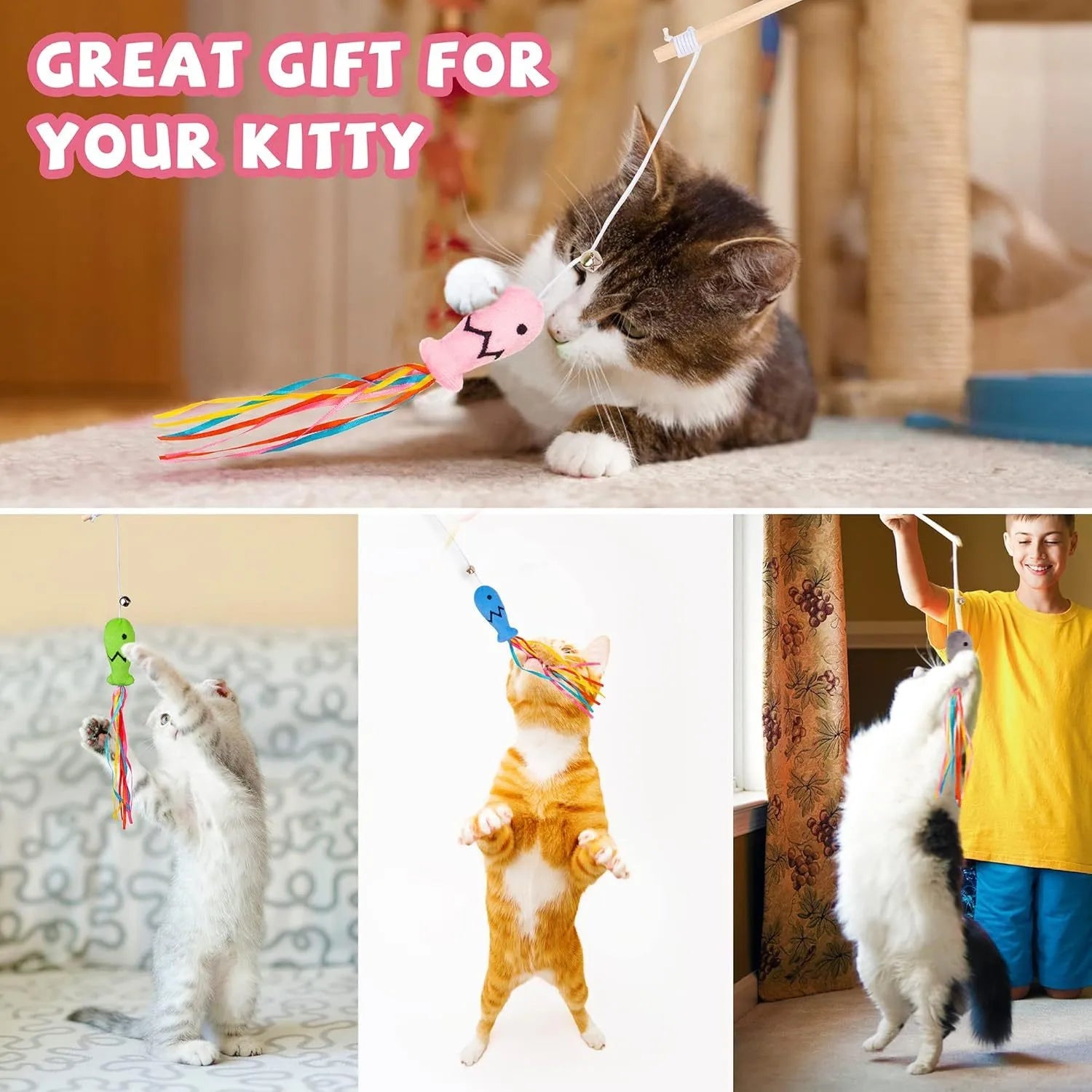 Cat wand toy with wooden handle, colourful ribbons, catnip fish and bell for indoor cats