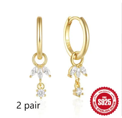 Golden-coloured S925 sterling silver sunflower geometric earrings with three zircon stones