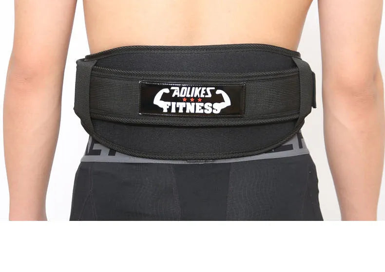 Nylon fitness weightlifting waistband showing black, red and yellow colour options with size markings