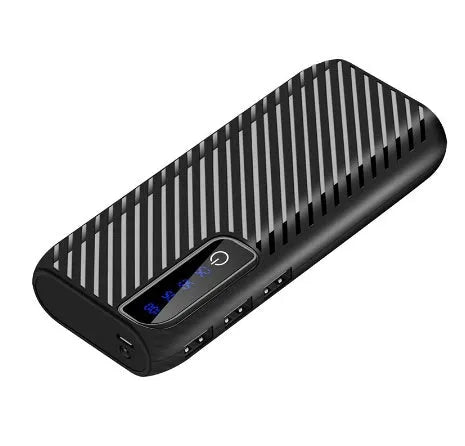 20000mAh mini power bank in black, blue, pink, or white, showing compact size and USB ports.