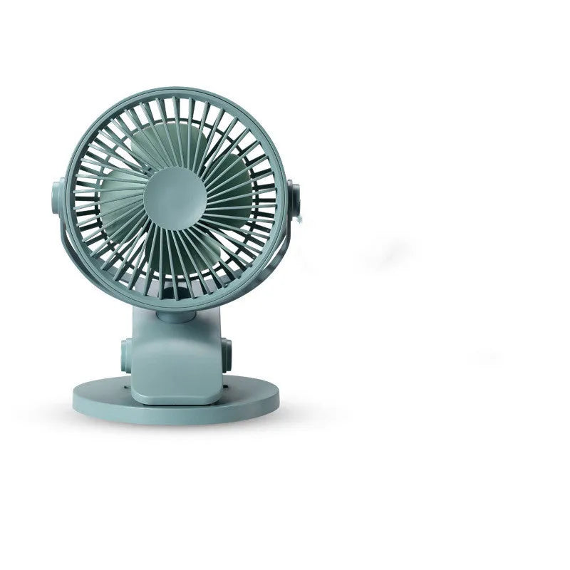 USB mini clip fan in white with 165mm fan head clamped onto a desk edge