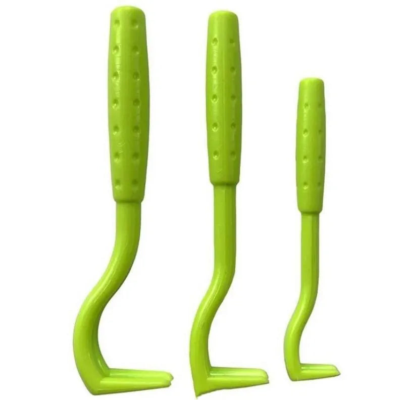 Three blue plastic tick removal clips for dogs and cats on a white background.