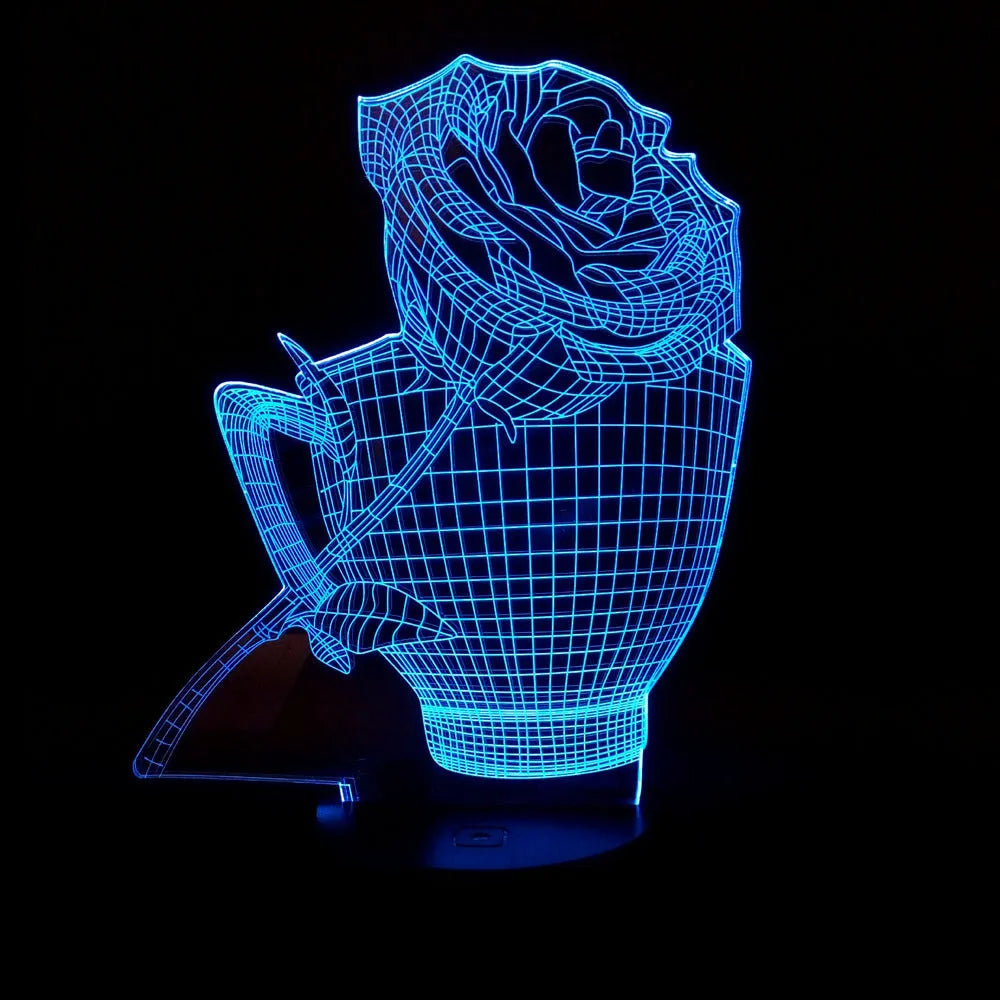 3D acrylic rose flower night light on ABS base with seven colour changing LED options.