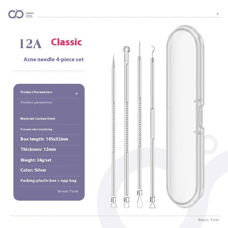 Four silver metal acne needles with pointed tips for skincare extraction