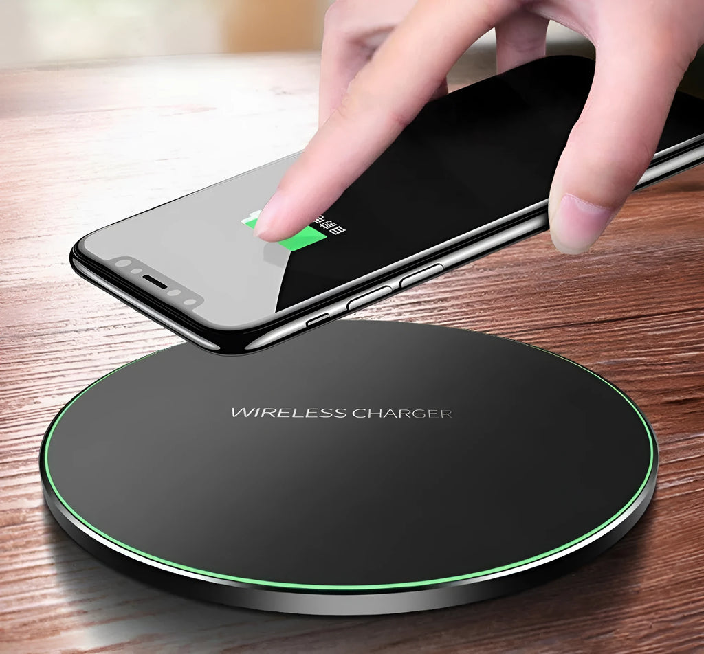 Black ultra-thin wireless charging pad with 9V fast charging for smartphones