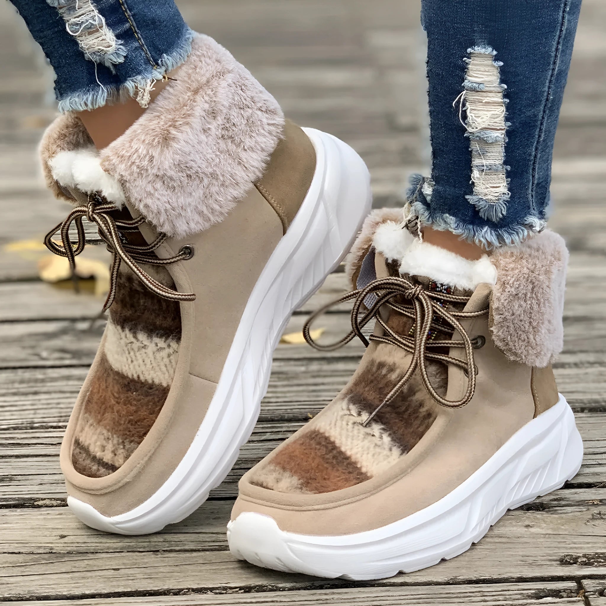 Women's beige lace-up snow boots with suede upper, thick rubber sole, and decorative stitching