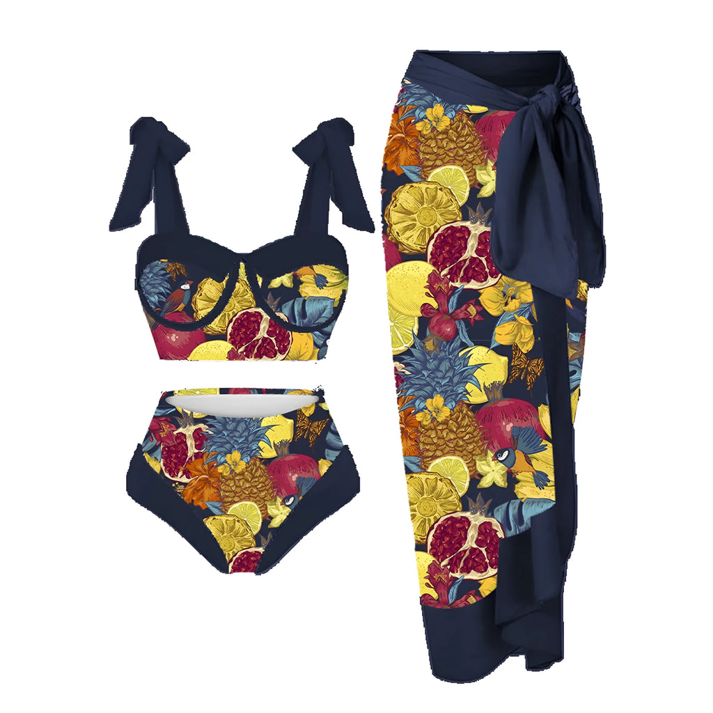 Women's pink printing split swimsuit three-piece set with skirt, bra, and panties on a mannequin.