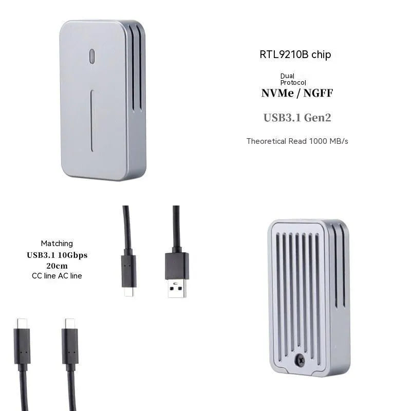 Aluminium alloy NVMe SSD enclosure measuring 5.2cm x 2.8cm with USB-C port