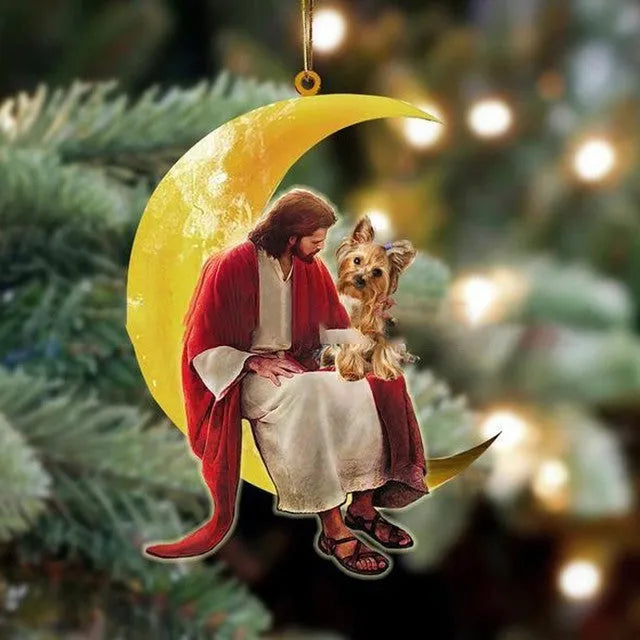 Acrylic flat mini moon Christmas pendant in cartoon style with rope for car decoration