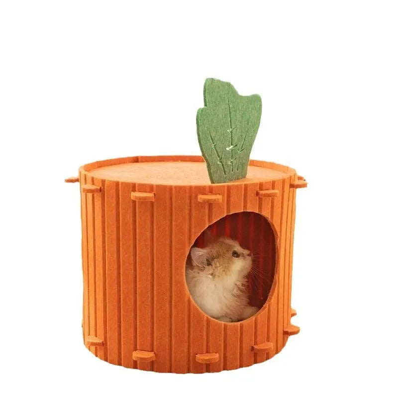 Carrot-shaped soft grey felt cat tunnel with openings, shown in two size options for indoor cats.