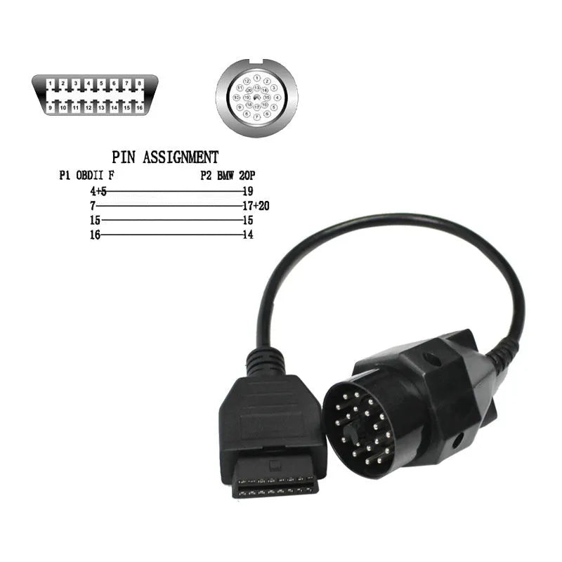 BMW OBD2 diagnostic adapter cable converting 20-pin connector to standard 16-pin OBD2 plug