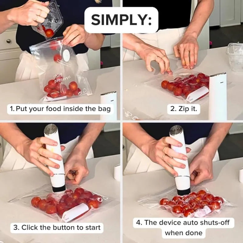 USB-powered electric suction pump with five plastic vacuum storage bags for food preservation