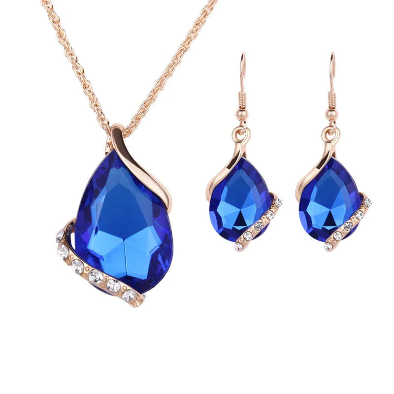 Water drop necklace and earring set alloy white gold inlay multiple colours