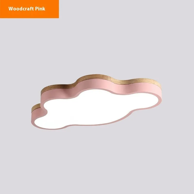 Modern cloud-shaped ceiling lamp with wood-effect finish in choice of colours, mounted on a white ceiling.