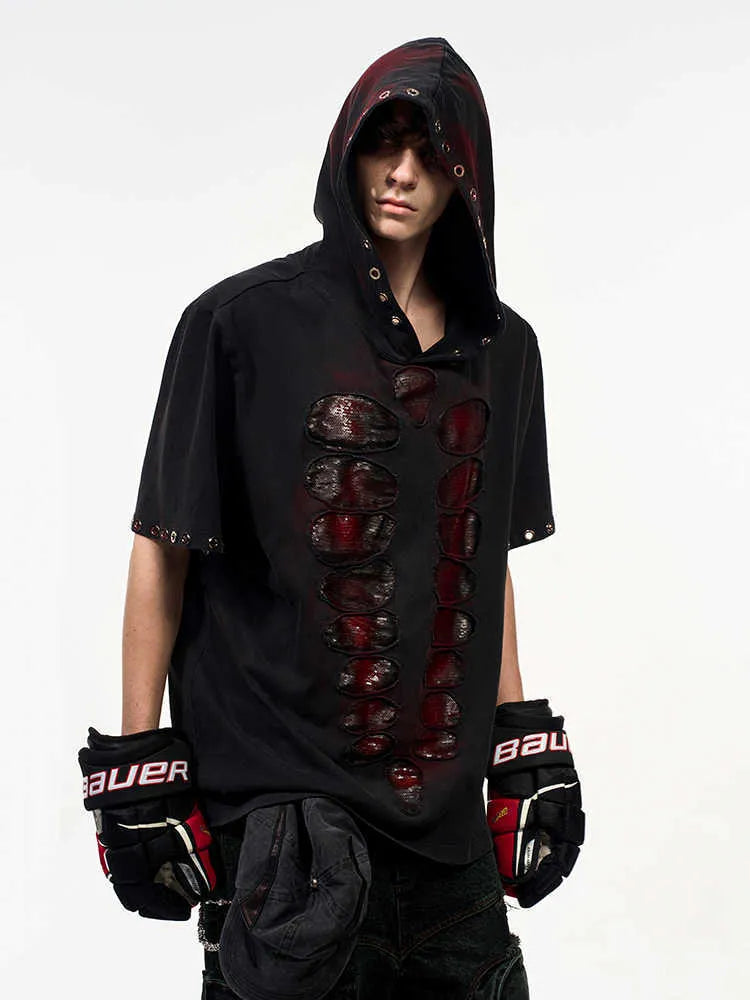 Black men's hooded t-shirt with sequin detail and short sleeves