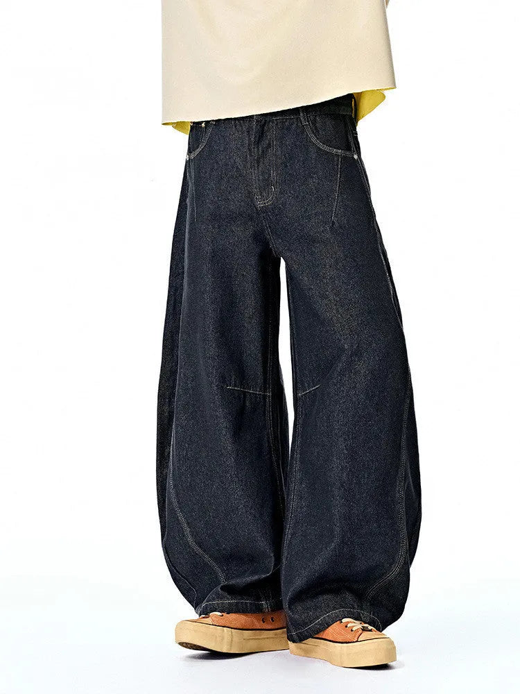 Men's wide leg denim trousers in original cow colour with mid-rise waist and loose casual fit