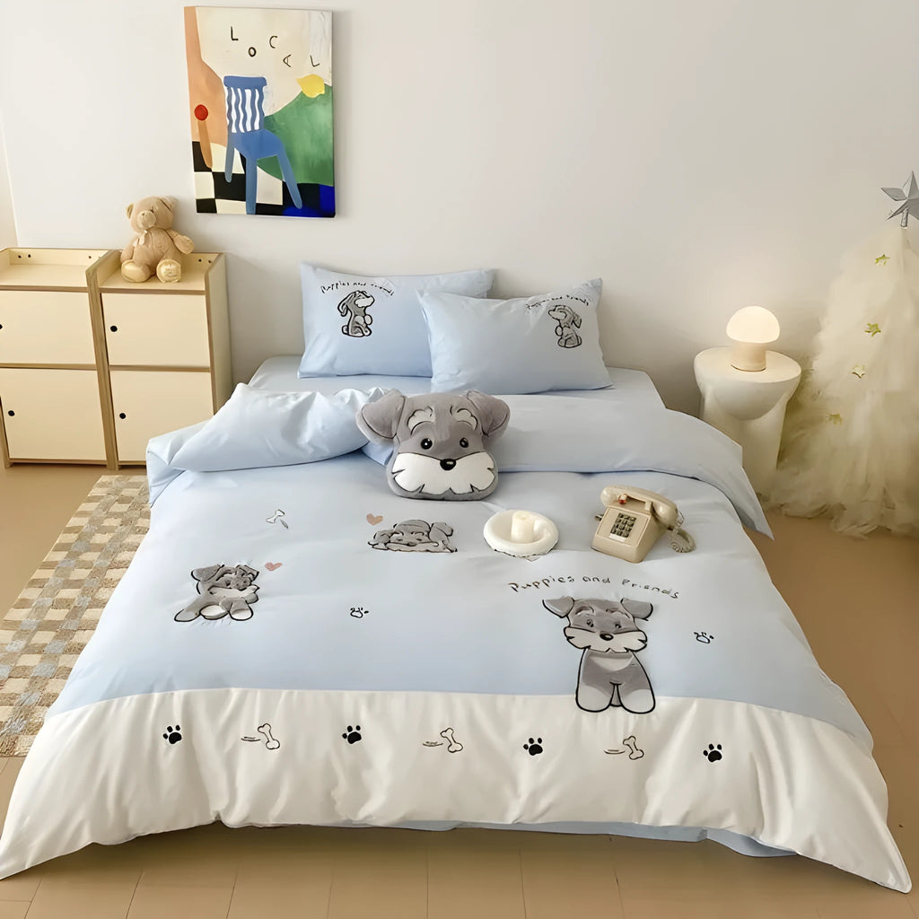 Schnauzer cartoon embroidered cotton bedding set showing quilt cover, sheet, and pillowcases in flat sheet style