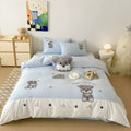 Schnauzer cartoon embroidered cotton bedding set showing quilt cover, sheet, and pillowcases in flat sheet style