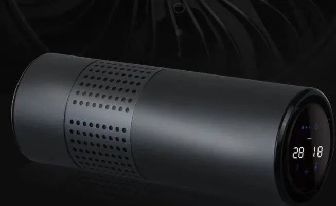 Aluminium alloy car air purifier with display screen, USB cable, suitable for cup holder use.