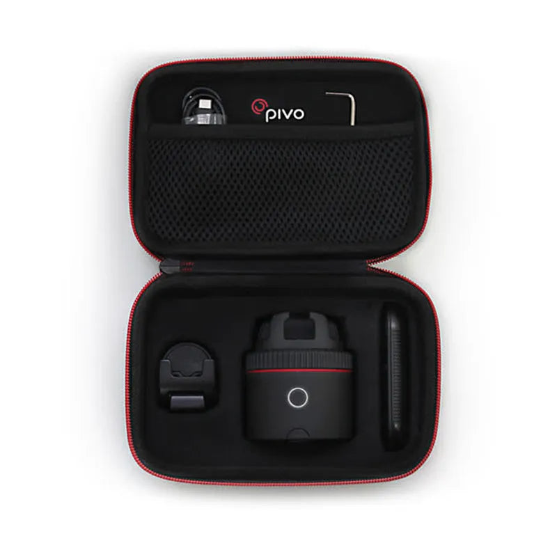 Matte black PIVO facial tracking camera mounted with a smartphone, showing its 360-degree rotating base.