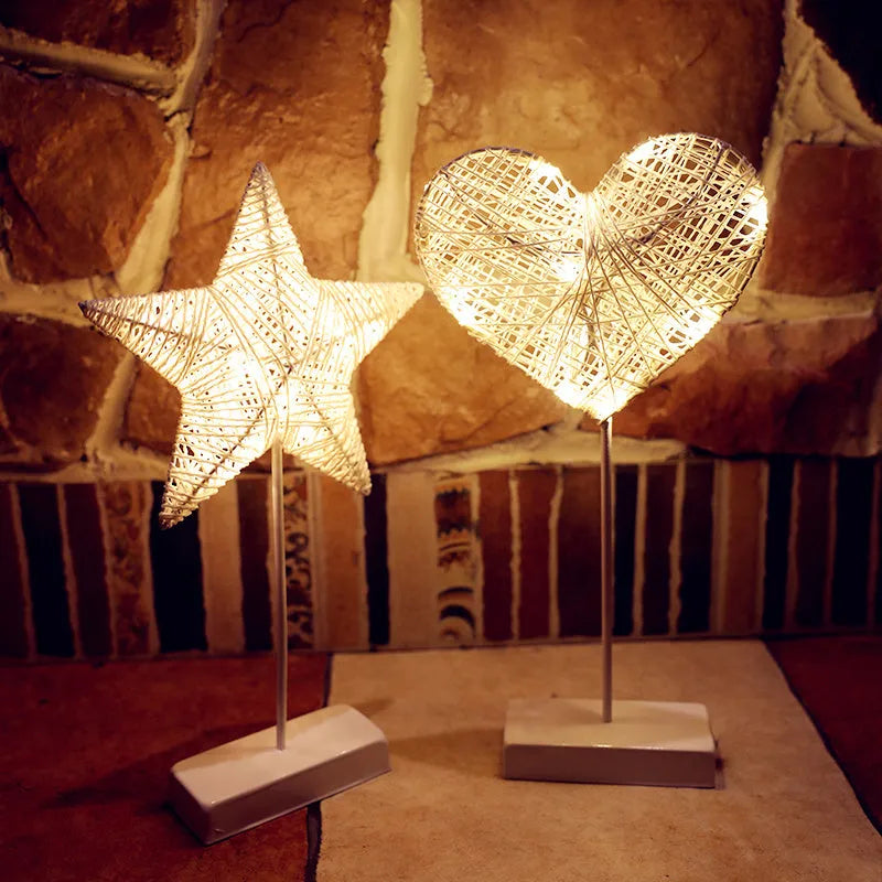 Rattan decorative LED star lamp and love heart lamp with battery power for bedroom decoration