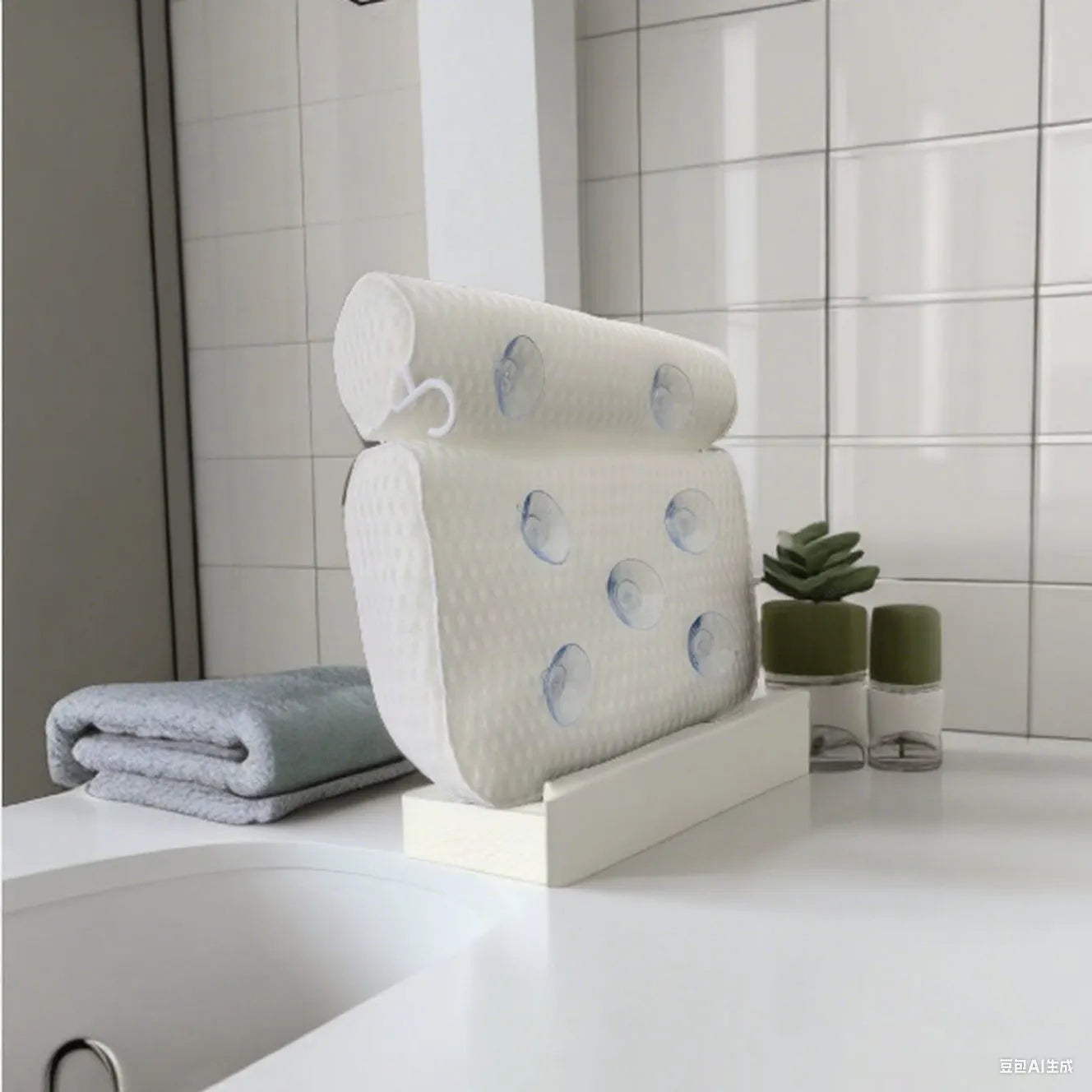 White bathtub pillow with 7 suction cups on a breathable 3d mesh material.