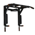 Black wall-mounted steel fitness rack with sandbag mounts and parallel pull-up bars