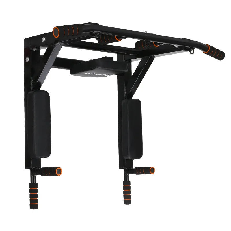 Black wall-mounted steel fitness rack with sandbag mounts and parallel pull-up bars