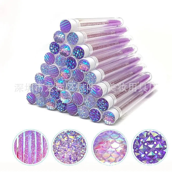 Disposable mascara brushes in protective transparent tubes with spiral brush heads in blue, green, pink, and purple colours