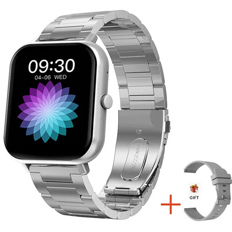 Smart watch with AMOLED display showing health metrics including heart rate, blood pressure and blood oxygen readings