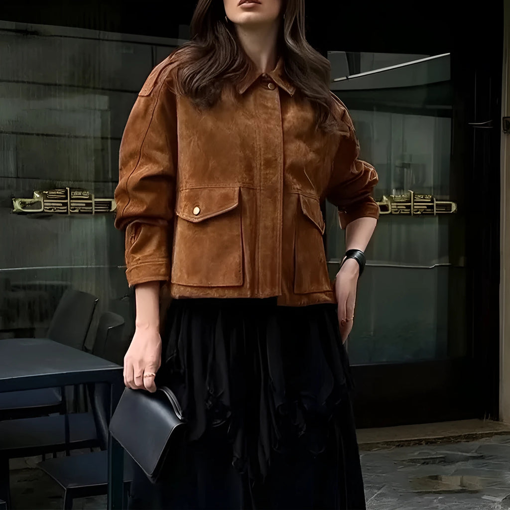 Women's brown polyester suede coat with regular sleeves on hanger