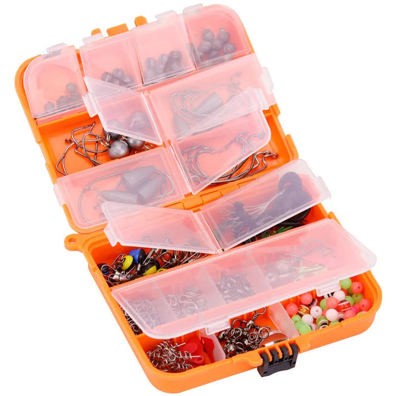 Weihe orange ABS fishing tackle box open to show assorted lures and hooks