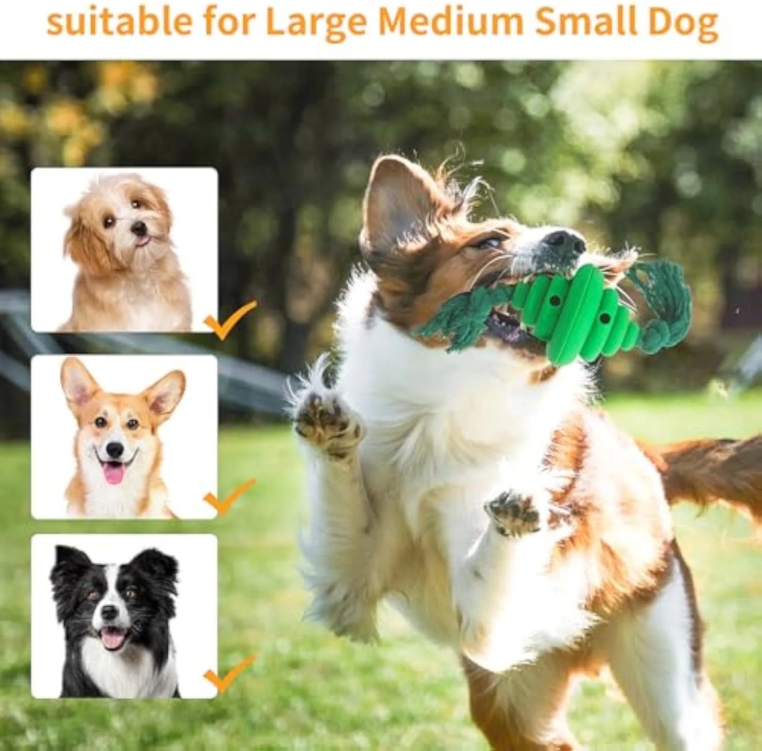 Large green and yellow silicone dog toy with a knotted rope and hollow ball for food dispensing.