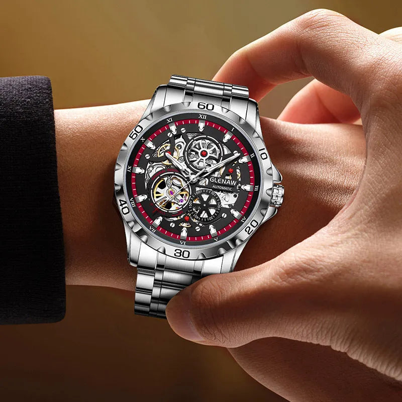 Men's automatic mechanical watch with hollow-out design showing movement and luminous markers on stainless steel strap