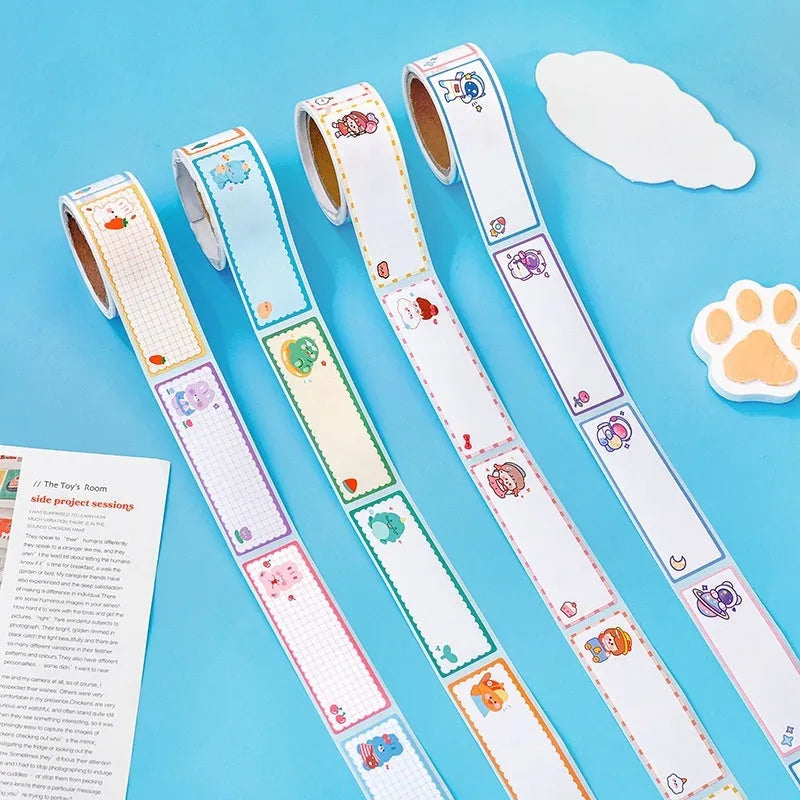 Roll of colourful cartoon stickers showing dinosaur, astronaut, rabbit, and girl design options for labelling.
