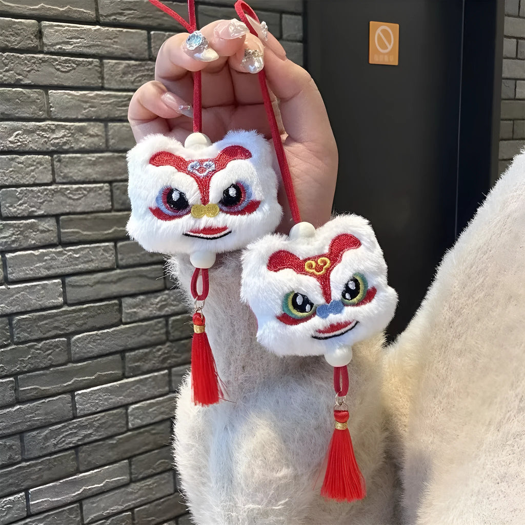 Handmade blue Chinese style plush lion keychain ornament with star stone decoration and tassel