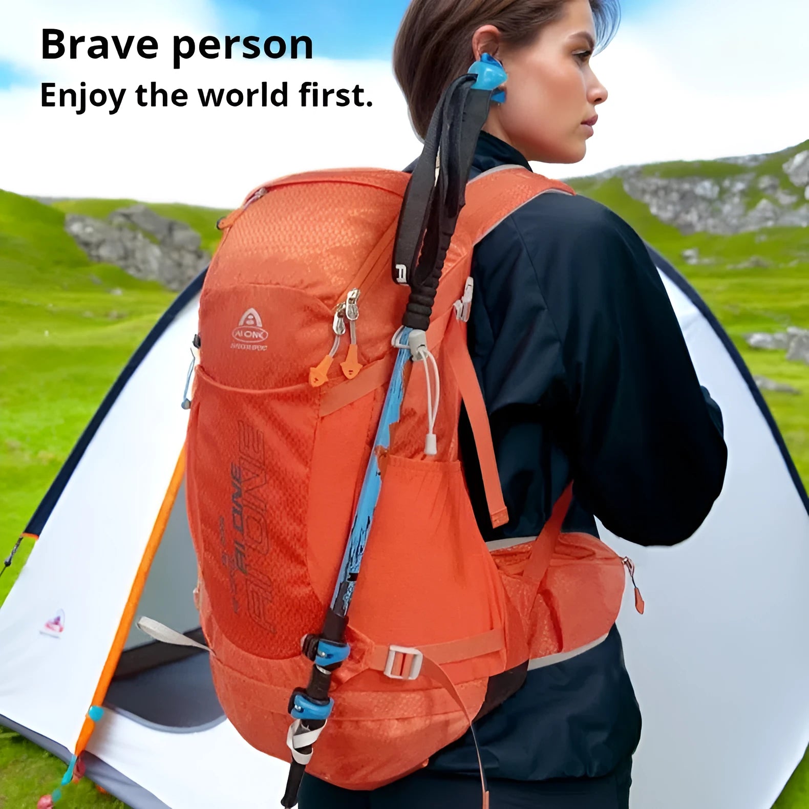 32L nylon hiking backpack in orange, solid colour, breathable waterproof outdoor sports bag