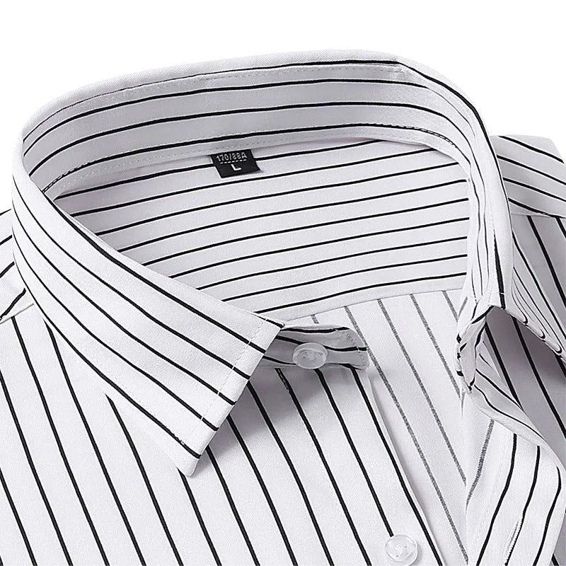 Men's striped long sleeve business shirt in ice silk polyester with cardigan style and slim fit