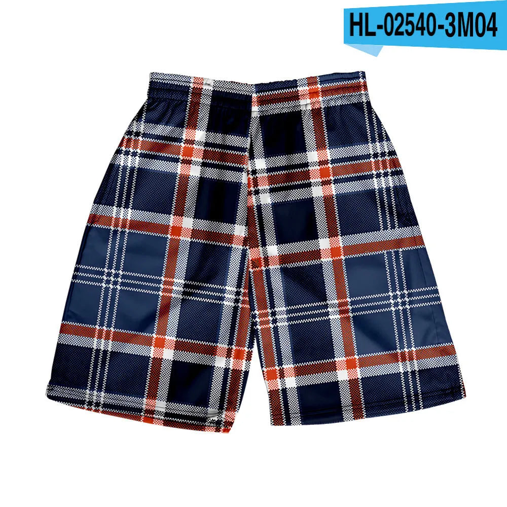 Men's straight cut plaid shorts in polyester fabric with elastic waistband