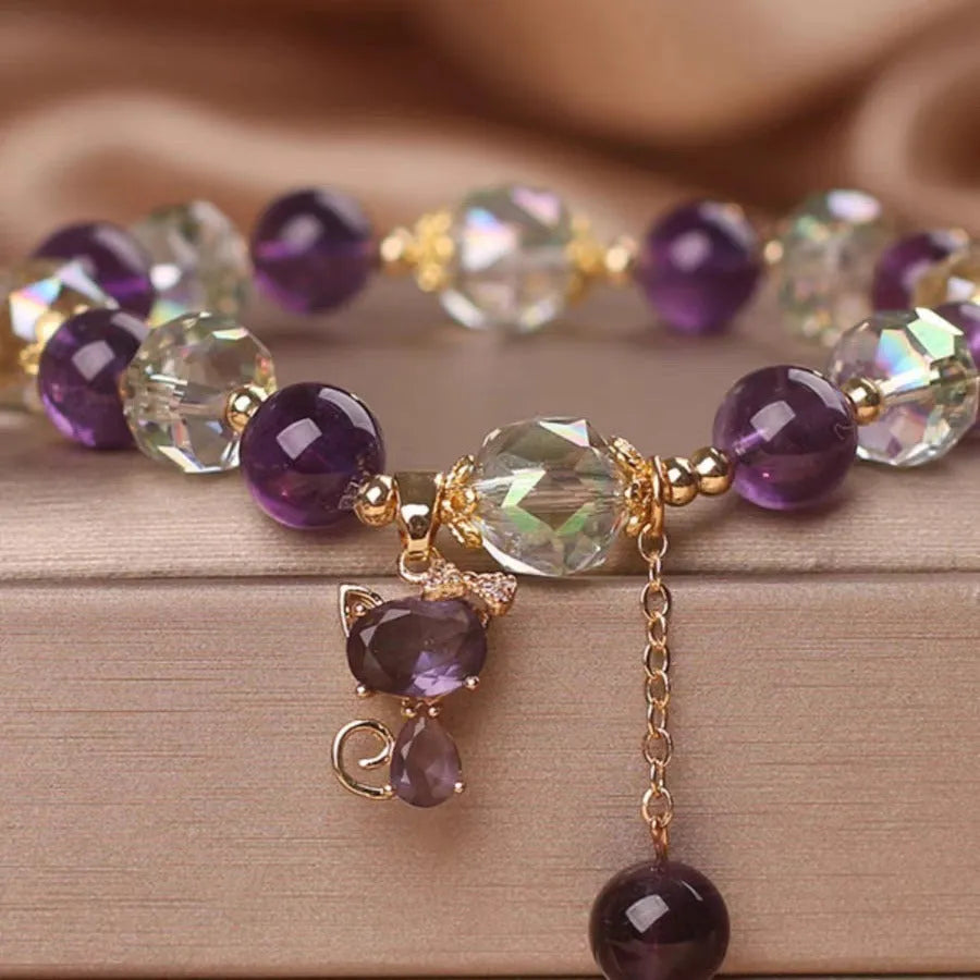 Natural amethyst fox pendant crystal bracelet with antique electroplated finish and five-leaf flower